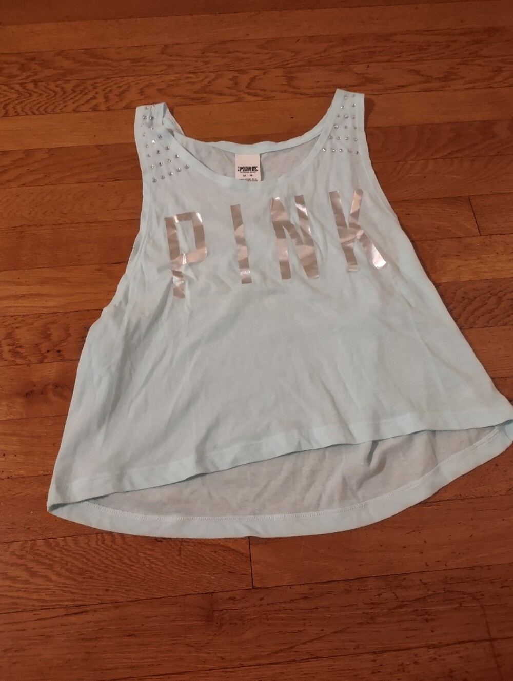 pink victoria's secret light blue tank silver foil logo rhinestone shoulders XS